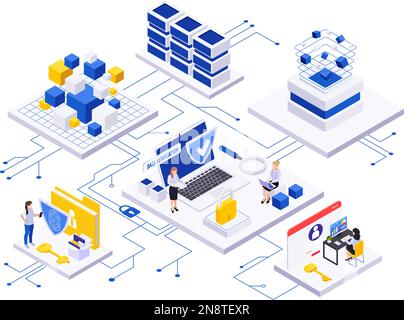 Datensparende isometrische Zusammensetzung mit Flussdiagramm verbundener Plattformen mit menschlichen Figuren, Computerordnern und Blockdarstellungen Stock Vektor