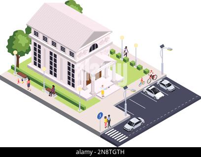 Klassisch-architektonische isometrische Komposition mit Blick auf den Außenbereich und Parkplatz vor einem schmalen mittelalterlichen Gebäude Stock Vektor
