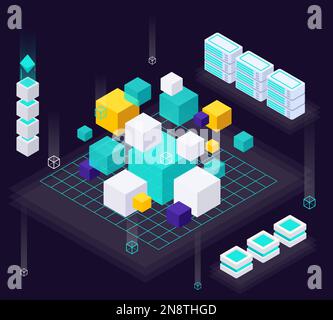 Datensparende isometrische Zusammensetzung mit vielen bunten Würfeln unterschiedlicher Größe mit Server-Racks als Vektordarstellung Stock Vektor