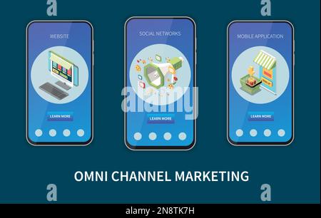 Isometrischer Satz für Omni-Channel-Marketing mit Vorlagen für mobile Apps für Werbeaktionen isolierte Vektordarstellung Stock Vektor