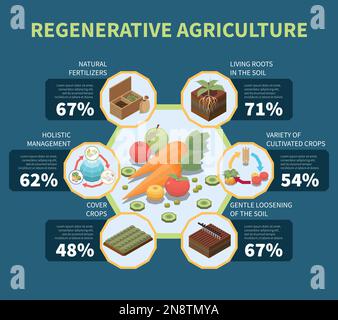 Infografiken zur regenerativen Landwirtschaft mit Permakultur-ganzheitlichen Managementprinzipien und statistischer Vorlagenvektordarstellung Stock Vektor