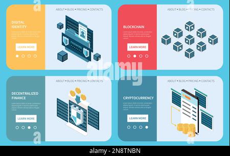 Isometrisches Bannerset für Web 3,0-Technologie mit digitaler Identität und Blockchain-Website-Vorlagen isolierte Vektordarstellung Stock Vektor