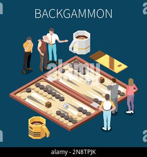 Isometrisches Konzept für Indoor- und Tischspiele mit Menschen um den Backgammon-Schreibtisch herum. Vektordarstellung Stock Vektor