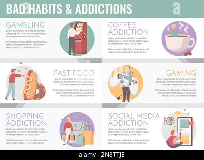 Schlechte Angewohnheiten Cartoon Infografiken mit Coffee Shopping und Social-Media-Abhängigkeit Vektordarstellung Stock Vektor