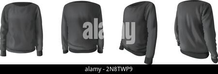Realistische Symbole für unisexe Sweatshirts in schwarzer Farbe, isolierte Vektordarstellung Stock Vektor