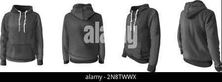 Realistischer Hoodie und Kapuzen-Sweatshirts in schwarzer Farbe, isolierte Vektordarstellung Stock Vektor