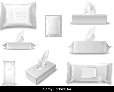 Papiertaschentücher und Feuchttücher realistische Modelldarstellung isolierter Vektorbilder Stock Vektor