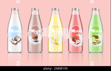 Milchflaschenverpackungen realistisches Set mit Fruchtgeschmackssymbolen isolierte Vektordarstellung Stock Vektor