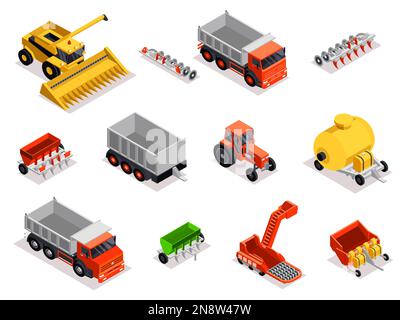 Isomerensatz aus Maschinen für Landwirtschaftstechnik mit isolierten Teilen von Mähdreschern, Lkw, Ladern, Planierschildern und Traktorvektoren Stock Vektor