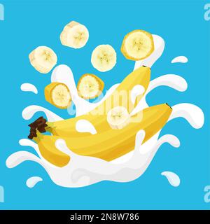 Bananenflaches Set mit Bananenfrüchten und Scheiben, die in einen Spritzer weißen Joghurt fallen, mit Vektordarstellung Stock Vektor