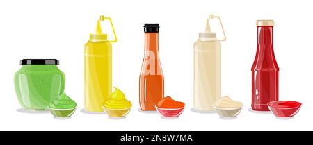 Flache Saucen mit Flaschen und Geschirr aus Wasabi-Käse Ketchup Mayonnaise Chili, isolierte Vektordarstellung Stock Vektor