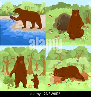 Set mit vier quadratischen Kompositionen mit Waldlandschaften im Freien und braunen Grizzlybären in ihrem Lebensraum, Vektordarstellung Stock Vektor