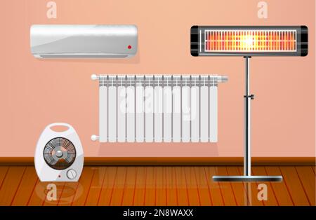 Flachheizgeräte mit elektrischer Heizlüfteranlage und Infrarotheizgerät im Raum, Vektordarstellung Stock Vektor