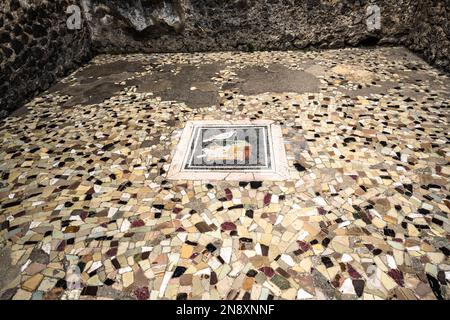 Gut erhaltener Boden mit Mosaikfliesen im Haus der Faun in der antiken römischen Stadt Pompeji Stockfoto