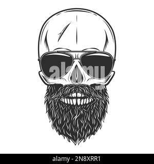 Hipsterschädel mit Bart und Schnurrbart in Sonnenbrille mit Reflexion. Darstellung isoliert auf weißem Hintergrund monochrom Stock Vektor