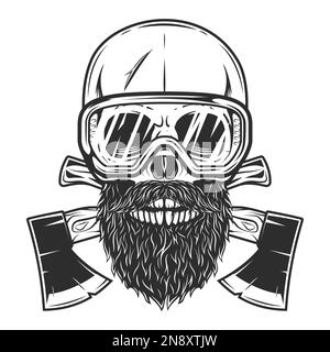 Schädel und Schutzbrille mit Schnurrbart und Bart und gekreuzter Holzaxt Holzbearbeitung oder Holzfäller Emblem Bauwerkzeug Stock Vektor