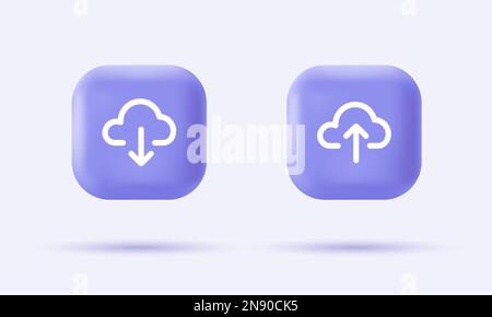 3D Lade- und Upload-Symbole auf realistische violette Tasten. Moderne Infografik-Logo- und Piktogramm-Kollektion. Vektor-Cartoon-Illustration Stock Vektor