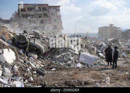 Antakya, Türkei. 11. Februar 2023. Zerstörte Häuser in Antakya, Türkei. Kredit: Boris Roessler/dpa/Alamy Live News Stockfoto