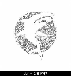 Durchgehende Kurve eine Linienzeichnung von Haiangriffen abstrakte Kunst im Kreis. Einzeilige editierbare Strichvektordarstellung eines Raubhais für Logo Stock Vektor