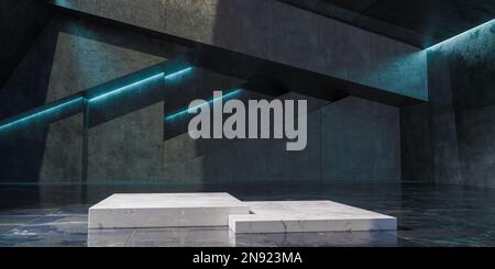 Abstraktes graues futuristisches Interieur mit leeren weißen Marmorplattformen oder Sockel- und Kopierbereich, Platz für Präsentationen. 3D Abbildung Stockfoto