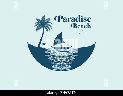 Paradiesstrand und Segelboot mit der Pacific Proa Silhouette am Sea Beach, die wie ein Halbmond aussieht Stock Vektor