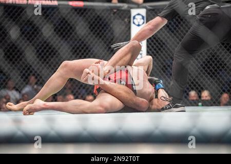 PERTH, AUSTRALIEN - FEBRUAR 12: Josh Culibao (Bottom) reicht Melsik Baghdasaryan in ihrem Federgewichtskampf während der UFC 284-Veranstaltung in der RAC Arena am 12. Februar 2023 in Perth, Australien, ein. (Foto: Matt Davies/PxImages) Stockfoto