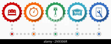 Werkstattvektorsymbole, flache Webausweise für Autoservice, Infografiken für Unternehmen Stock Vektor