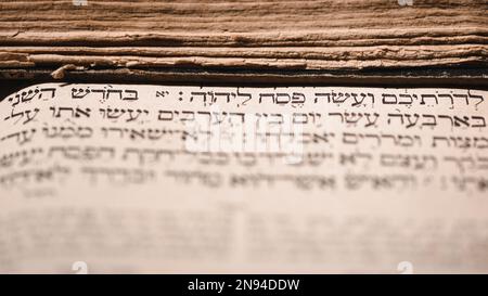 Seite des alten, abgenutzten, schäbigen jüdischen Buches Torah. Selektiver Fokus auf hebräischen Bibeltext, der übersetzt: Das Passover-Opfer für Jehovah anbieten Stockfoto