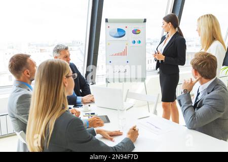 Eine lächelnde junge Rednerin steht neben dem Flipchart mit Diagrammen und präsentiert den verschiedenen Kollegen beim Brainstorming die Ergebnisse der Marktforschung Stockfoto