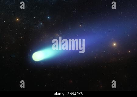 Fallender heller Komet und Schwanz mit großen Staub- und Gasspuren am Himmelshintergrund. 3D Abbildung Stockfoto