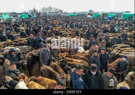 (230212) -- URUMQI, 12. Februar 2023 (Xinhua) -- Dieses Luftfoto wurde am 1. Februar 2023 aufgenommen und zeigt einen geschäftigen Markt für landwirtschaftliche Produkte in Yining County, Nordwestchina, Xinjiang Uygur Autonomous Region. (Foto: Liu Chunxing/Xinhua) Stockfoto