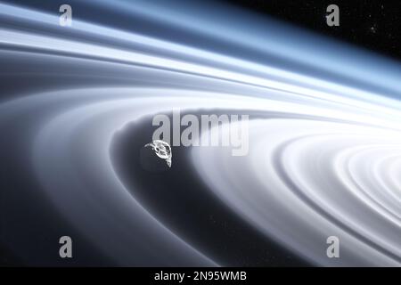 Saturn-Planetenringsystem. Der Gravitationszug von Monden und Störungen im Saturn-Ring. 3D Abbildung Stockfoto