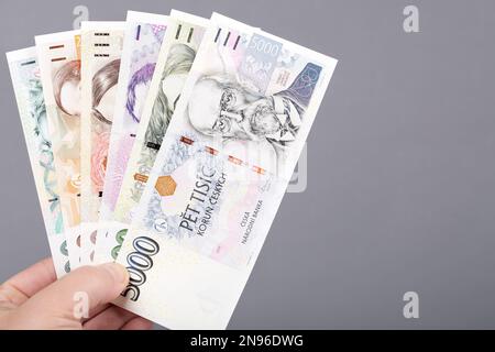 Tschechisches Geld - Kronen in der Hand auf grauem Hintergrund Stockfoto