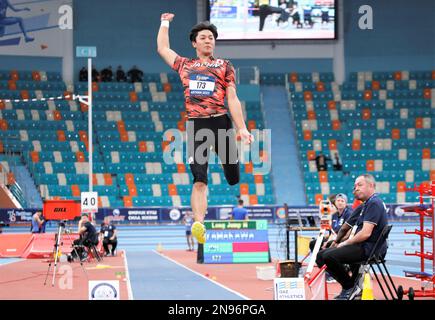 Astana, Kasachstan. 12. Februar 2023. Yamakawa Natsuki aus Japan tritt beim Langsprung-Finale der Männer bei den 10. Asian Indoor Athletics Championships in Astana, Kasachstan, am 12. Februar 2023 an. Kredit: Kalizhan Ospanov/Xinhua/Alamy Live News Stockfoto