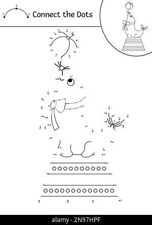 Vektor Punkt-zu-Punkt- und Farbintensität mit niedlicher Dichtung und Kugel. Zirkus verbindet das Dots-Spiel für Kinder mit lustigem Tier. Ausmalerlebnisse Stock Vektor