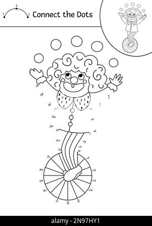 Vektor-Punkt-zu-Punkt- und Farb-Aktivität mit niedlichem Clown auf einem Rad. Zirkus verbindet das Dots-Spiel für Kinder mit lustigem Jongleur. Ausmalerei für die Vergnügungsshow Stock Vektor