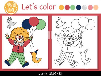 Zirkusmalerei-Seite für Kinder mit Clown, die mit Ballons fliegen. Vektorunterhaltung zeigt eine Umrisszeichnung mit einem süßen Bühnenkünstler. Farbbuch für Stock Vektor