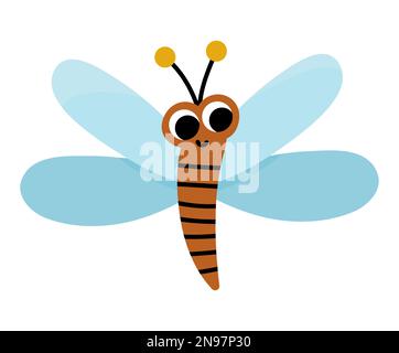 Vektor flaches blaues Libellen-Symbol. Lustige Wälder, Wälder, Bauernhöfe oder Garteninsekten. Süße Insektenabbildung für Kinder isoliert auf weißem Hintergrund Stock Vektor