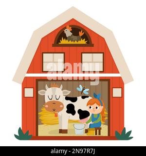 Vektorscheunensymbol mit Mädchen, die Kuh melken, isoliert auf weißem Hintergrund. Abbildung eines flachen Gartenhäuschens. Süßer roter Holzschuppen mit Fenstern und Hühner im Stock Vektor