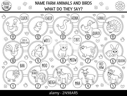 Schwarz-Weiß-Brettspiel für Kinder mit Bauernhoftieren, Vögeln und ihren Geräuschen. Landschaftslinie Boardgame. Ländliche Aktivitäten oder ausmalbilder Stock Vektor