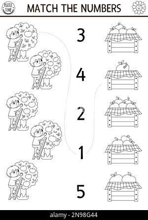 Ordnen Sie die Zahlen für das Farmerspiel Schwarz-Weiß mit dem Farmer und Äpfeln zu. Ländliches Land oder Garten, mathematische Aktivität oder Ausmalseite. Auf der Farm-Erziehungszählung Stock Vektor