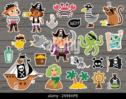 Vector-Piratenaufkleber bereit. Süße Sea Adventures Patches Icons Kollektion. Schatzinsel-Illustrationen mit Schiff, Truhe, Karte, Papagei, Affe, Karte. Fu Stock Vektor