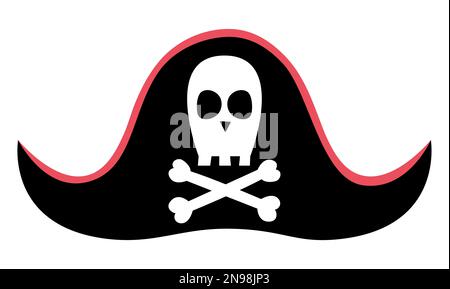 Piratenhut-Symbol. Schwarzes Accessoire mit Schädel und gekreuzten Knochen. Kopfbedeckungen zur Schatzsuche auf See isoliert auf weißem Hintergrund Stock Vektor
