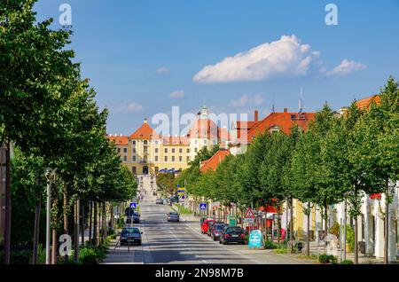 Schloss Moritzburg in der Nähe von Dresden, Sachsen, Deutschland, Europa, Blick von Süden und typische Verkehrslage an der Hauptzufahrtsstraße. Stockfoto