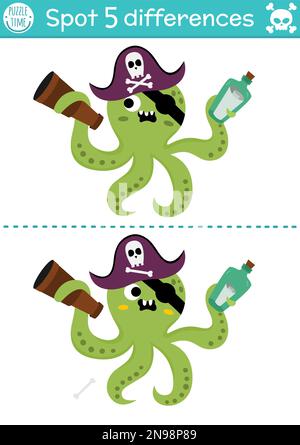 Finde das Unterschiedsspiel für Kinder. Abenteuer auf dem Meer lehrreiche Aktivität mit süßem Piratenoktopus und Karte in der Flasche. Schatzinsel Puzzle für Kinder wi Stock Vektor