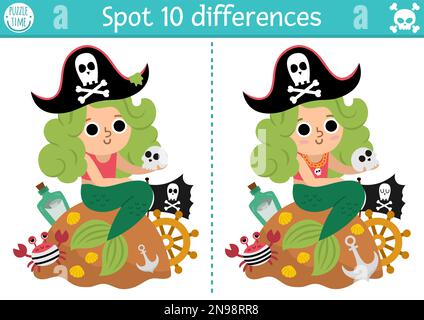 Finde das Unterschiedsspiel für Kinder. Abenteuer auf dem Meer lehrreiche Aktivität mit süßer Piratenseejungfer. Schatzinsel oder Halloween-Puzzle für Kinder mit Fu Stock Vektor