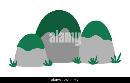 Vektorgraue flache Berge mit grünen Grasspitzen. Steinsymbol isoliert auf weißem Hintergrund. Bild von der Natur Stock Vektor