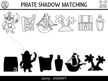 Piraten-Schwarz-Weiß-Schatten-Matching-Aktivität. Schatzinsel-Jägerleine-Puzzle mit süßem Piraten, Karte, Schiff, Insel, Truhe. Suchen Sie die richtige Silhouette Stock Vektor