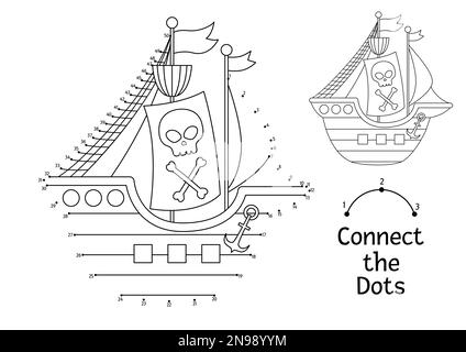 Vektor Punkt-zu-Punkt- und Farb-Aktivität mit Piratenschiff. Treasure Island verbindet das Dots-Spiel. Malseite für Meeresabenteuer für Kinder mit Boot. Drucken Stock Vektor