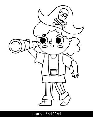 Vector schwarz-weiße Piratenmädchen-Ikone. Süße weibliche Seekapitänin. Schatzinsel-Umrissjäger mit Hahnenhut und Fernglas. Komisch Stock Vektor